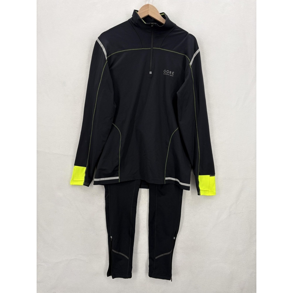 Gore Running Wear Sweatsuit Set Mens XL Black 1/4 Zip Top Leggings Reflective